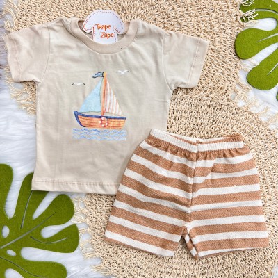 Conj. Camiseta Barquinho e Bermuda Listras - Areia e Marrom